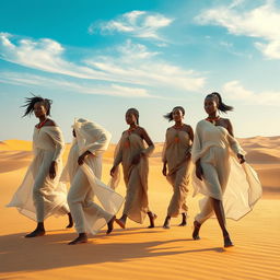 A group of African women walking gracefully across the Sudanese desert, dressed in semi-transparent traditional attire that flows in the wind, capturing the essence of their culture