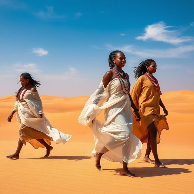 A group of African women walking gracefully across the Sudanese desert, dressed in semi-transparent traditional attire that flows in the wind, capturing the essence of their culture