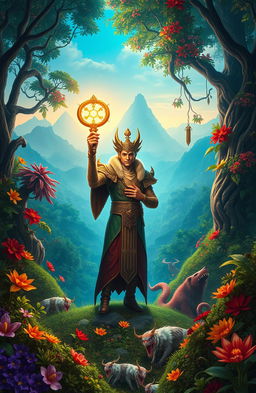 A fantasy scene depicting a mystical barat (a traditional Indonesian music culture) intertwined with an adventure theme, featuring a grand fantasy landscape of Elarion