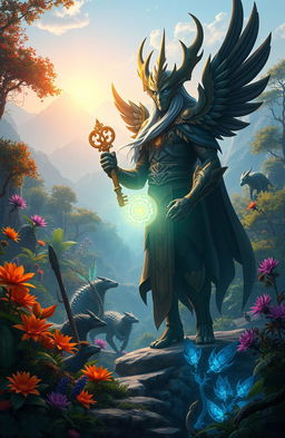 A fantasy scene depicting a mystical barat (a traditional Indonesian music culture) intertwined with an adventure theme, featuring a grand fantasy landscape of Elarion