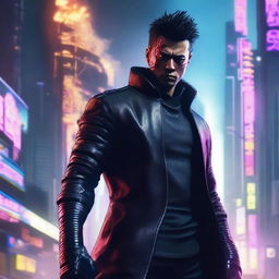 Create a hyper-realistic, 4K image of a cool, handsome man in cyberpunk attire, embodying a samurai while fighting