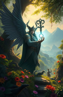 A fantasy scene depicting a mystical barat (a traditional Indonesian music culture) intertwined with an adventure theme, featuring a grand fantasy landscape of Elarion