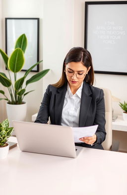 A professional female in a sophisticated office environment, intently reviewing job applications on her laptop, surrounded by a modern desk with elegant decor