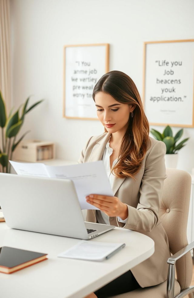 A professional female in a sophisticated office environment, intently reviewing job applications on her laptop, surrounded by a modern desk with elegant decor