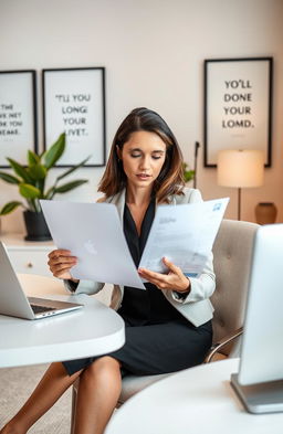 A professional female in a sophisticated office environment, intently reviewing job applications on her laptop, surrounded by a modern desk with elegant decor