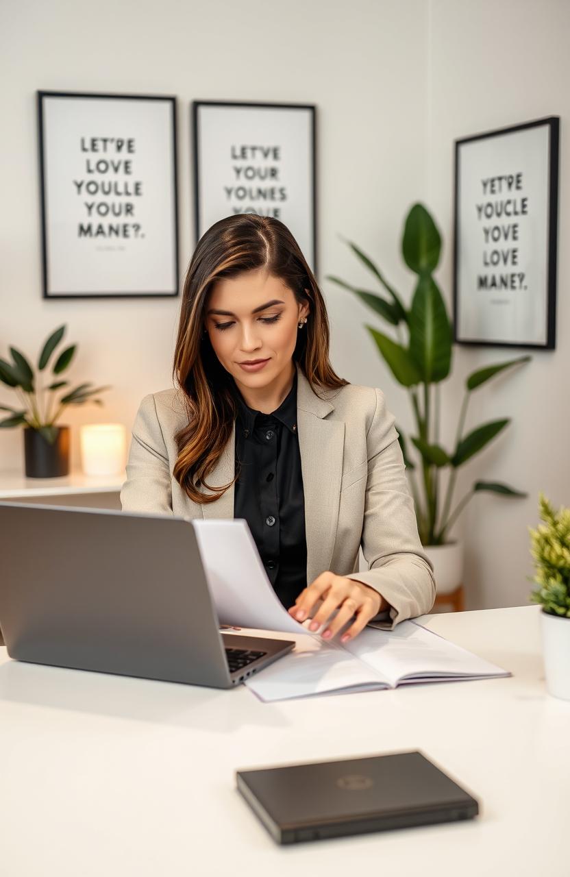 A professional female in a sophisticated office environment, intently reviewing job applications on her laptop, surrounded by a modern desk with elegant decor