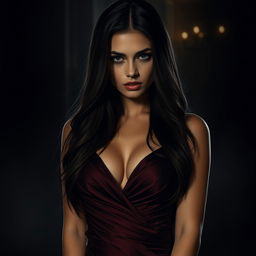 A realistic portrait of a mysterious seductive woman at night, featuring long, flowing dark hair