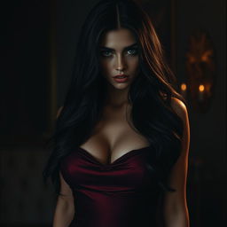 A realistic portrait of a mysterious seductive woman at night, featuring long, flowing dark hair