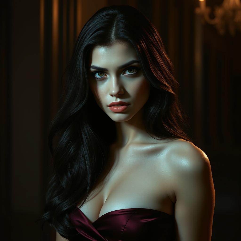 A realistic portrait of a mysterious seductive woman at night, featuring long, flowing dark hair