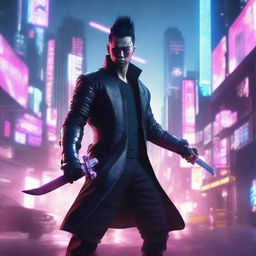 Create a hyper-realistic, 4K image of a cool, handsome man in cyberpunk attire, embodying a samurai while fighting