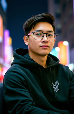 A stylish individual wearing a sleek black hoodie and trendy glasses, sitting casually in a modern urban setting