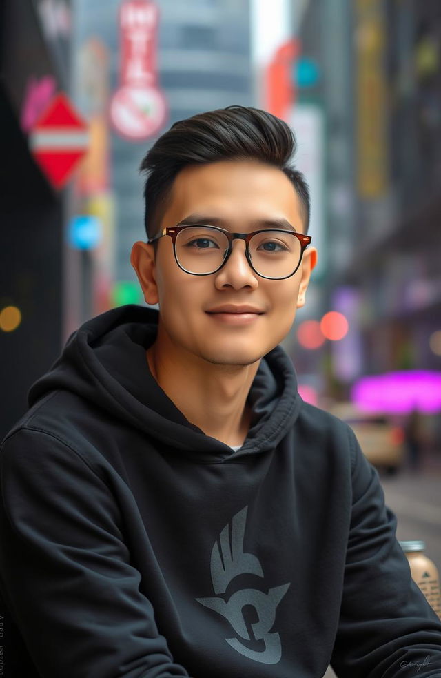 A stylish individual wearing a sleek black hoodie and trendy glasses, sitting casually in a modern urban setting