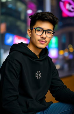 A stylish individual wearing a sleek black hoodie and trendy glasses, sitting casually in a modern urban setting