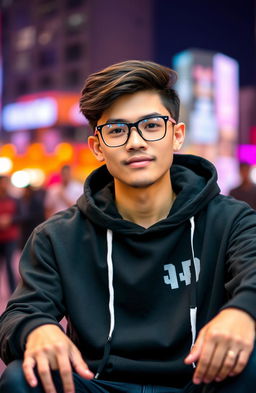 A stylish individual wearing a sleek black hoodie and trendy glasses, sitting casually in a modern urban setting