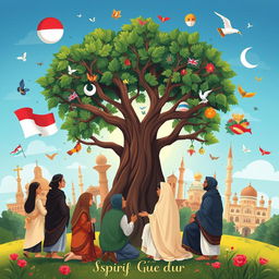 An imaginative illustration showcasing a harmonious blend of religion, society, and government, inspired by the spirit of Gus Dur