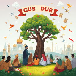 An imaginative illustration showcasing a harmonious blend of religion, society, and government, inspired by the spirit of Gus Dur