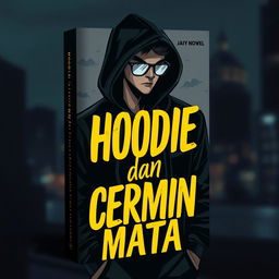 A book cover design for a novel titled 'Hoodie dan Cermin Mata'