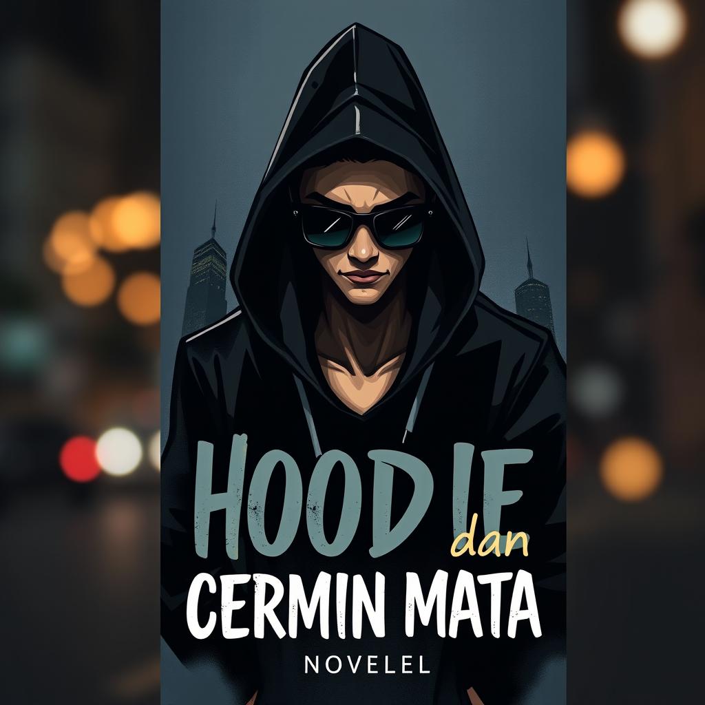 A book cover design for a novel titled 'Hoodie dan Cermin Mata'