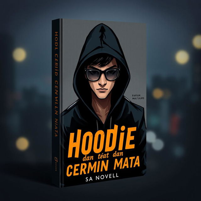 A book cover design for a novel titled 'Hoodie dan Cermin Mata'