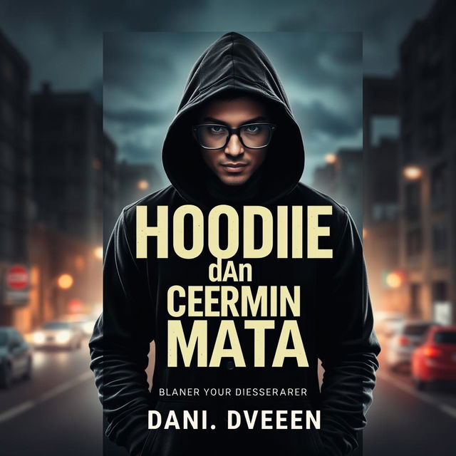 A captivating book cover design for a novel titled 'Hoodie dan Cermin Mata'