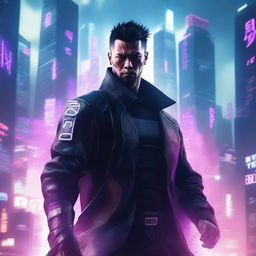 Create a hyper-realistic, 4K image of a cool, handsome man in cyberpunk attire, embodying a samurai while fighting