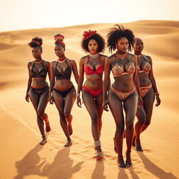 A group of African women walking confidently in the Sudanese desert, dressed in stylish and intricate lingerie that highlights their curves
