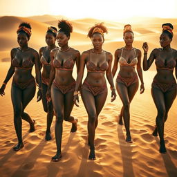 A group of African women walking confidently in the Sudanese desert, dressed in stylish and intricate lingerie that highlights their curves