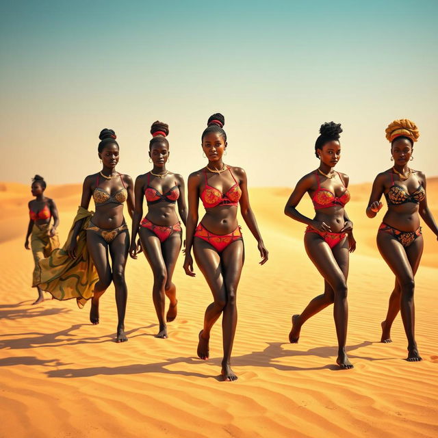 A group of African women walking confidently in the Sudanese desert, dressed in stylish and intricate lingerie that highlights their curves