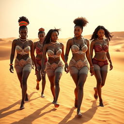 A group of African women walking confidently in the Sudanese desert, dressed in stylish and intricate lingerie that highlights their curves
