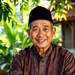 A portrait of Abdurrahman Wahid, depicting him with a warm smile, sitting in a traditional Indonesian setting