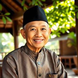 A portrait of Abdurrahman Wahid, depicting him with a warm smile, sitting in a traditional Indonesian setting