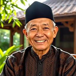 A portrait of Abdurrahman Wahid, depicting him with a warm smile, sitting in a traditional Indonesian setting
