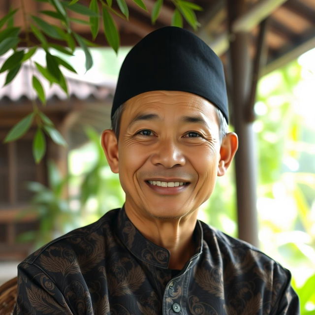 A portrait of Abdurrahman Wahid, depicting him with a warm smile, sitting in a traditional Indonesian setting