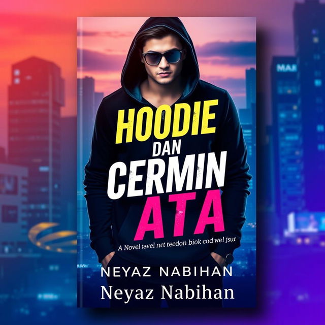 An eye-catching book cover design for a novel titled 'Hoodie dan Cermin Mata' by author Neyaz Nabihan