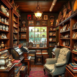 A beautifully detailed antique shop filled with various collectibles, showcasing a stunning array of vintage items like porcelain figurines, old books, ornate picture frames, and classic vinyl records