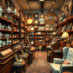 A beautifully detailed antique shop filled with various collectibles, showcasing a stunning array of vintage items like porcelain figurines, old books, ornate picture frames, and classic vinyl records