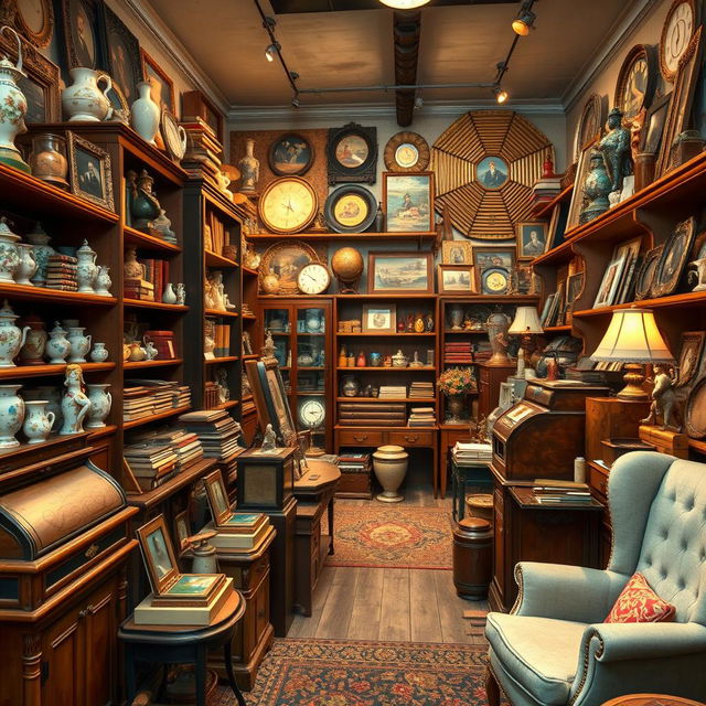 A beautifully detailed antique shop filled with various collectibles, showcasing a stunning array of vintage items like porcelain figurines, old books, ornate picture frames, and classic vinyl records