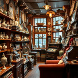 A beautifully detailed antique shop filled with various collectibles, showcasing a stunning array of vintage items like porcelain figurines, old books, ornate picture frames, and classic vinyl records