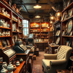A beautifully detailed antique shop filled with various collectibles, showcasing a stunning array of vintage items like porcelain figurines, old books, ornate picture frames, and classic vinyl records