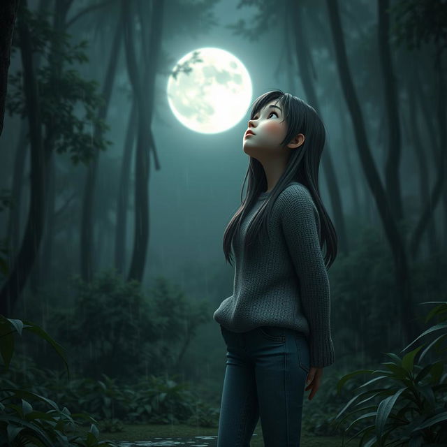 A 3D character of a melancholic teenage girl gazing at the moon in a dense, rainy forest