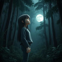 A 3D character of a melancholic teenage girl gazing at the moon in a dense, rainy forest