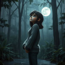 A 3D character of a melancholic teenage girl gazing at the moon in a dense, rainy forest