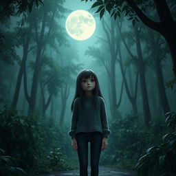 A 3D character of a melancholic teenage girl gazing at the moon in a dense, rainy forest
