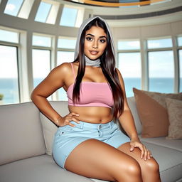 A beautiful 21-year-old Latina woman with long straight dark brown hair and light brown eyes