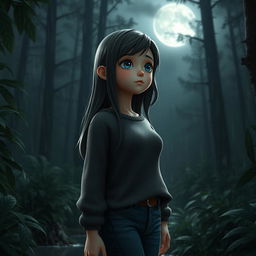 A 3D character of a 17-year-old teenage girl with a melancholic expression, gazing at the moon in a dense, rainy forest