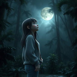 A 3D character of a 17-year-old teenage girl with a melancholic expression, gazing at the moon in a dense, rainy forest