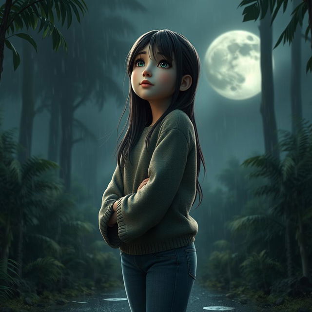 A 3D character of a 17-year-old teenage girl with a melancholic expression, gazing at the moon in a dense, rainy forest