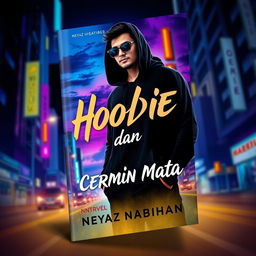 A striking book cover design for a novel titled 'Hoodie dan Cermin Mata' by author Neyaz Nabihan