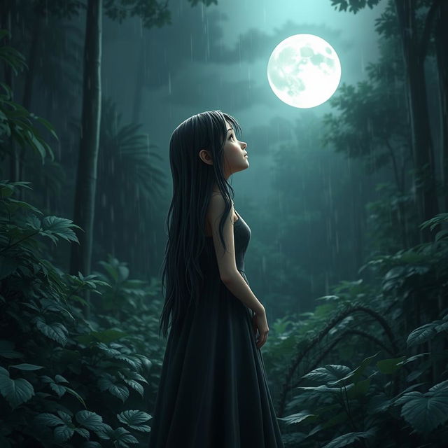 A 3D character of a sad woman gazing at the moon in a dense, rainy forest