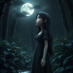 A 3D character of a sad woman gazing at the moon in a dense, rainy forest